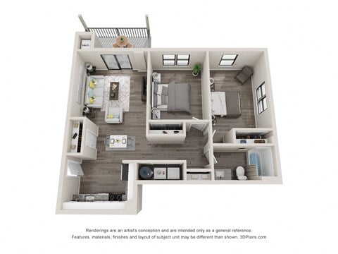 Floor plan for 2 beds, 1 bath, 864 sqft